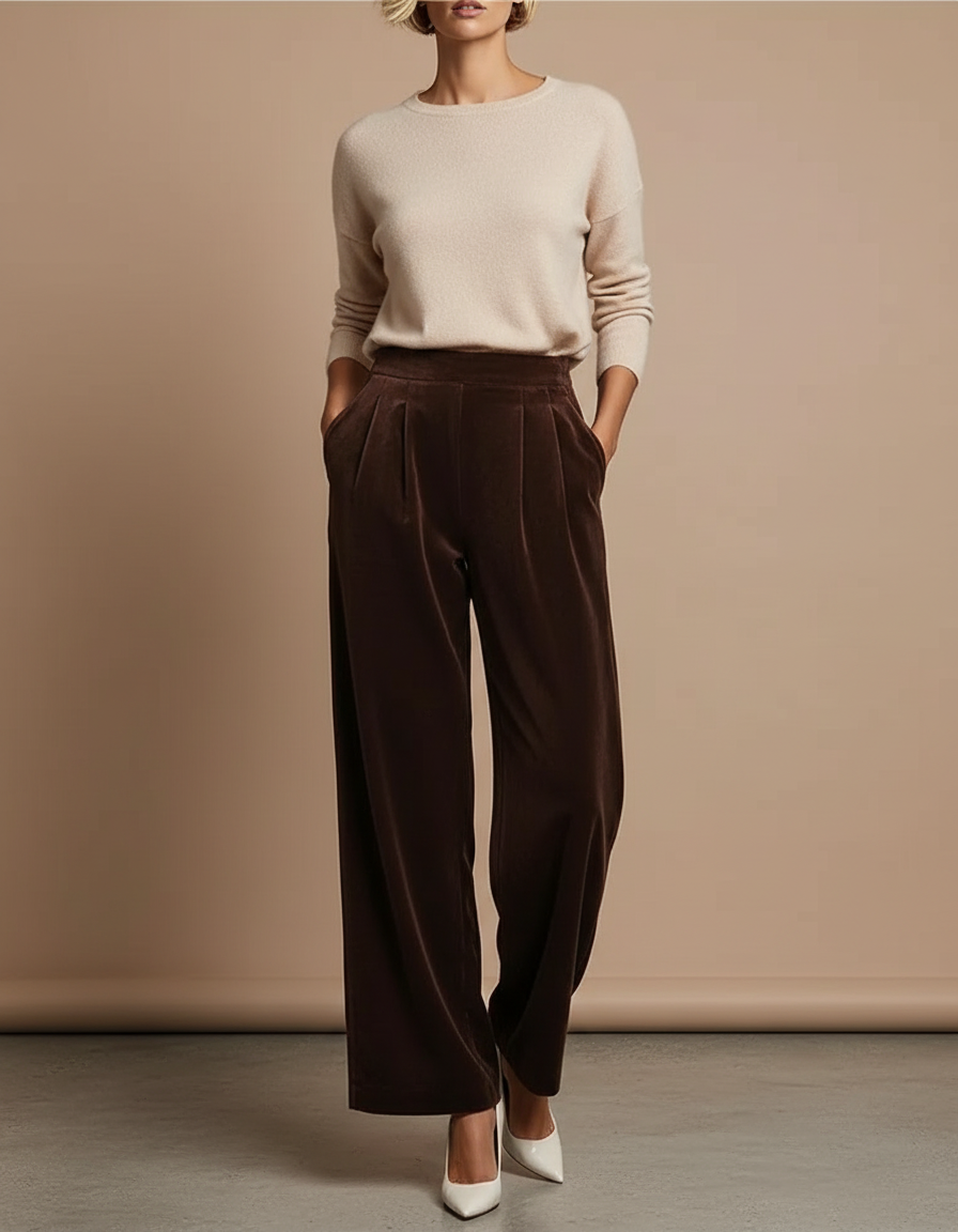 Pantalon Velours Marron Ample Taille Haute Fluide