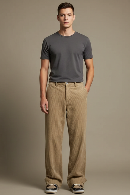Pantalon Velours Côtelé Homme Beige Ample Décontracté - Cordé