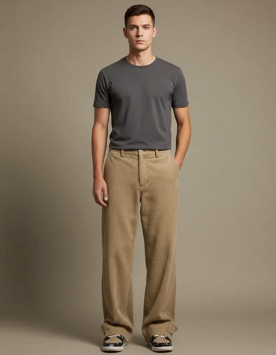 Pantalon Velours Côtelé Homme Beige Ample Décontracté - Cordé