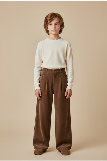 Pantalon Velours Marron Ample Côtelé Garçon Hiver - Cordé