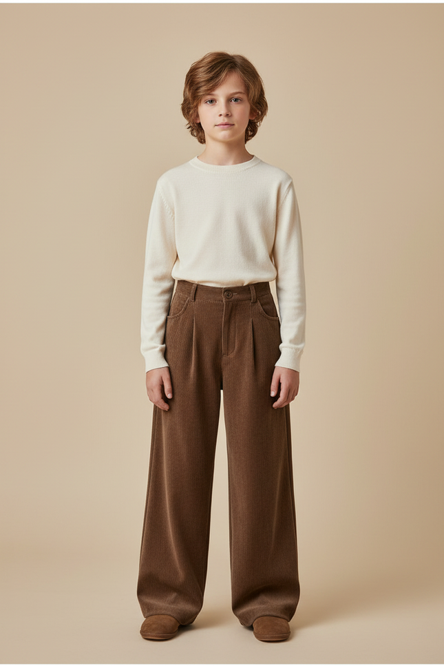 Pantalon Velours Marron Ample Côtelé Garçon Hiver - Cordé
