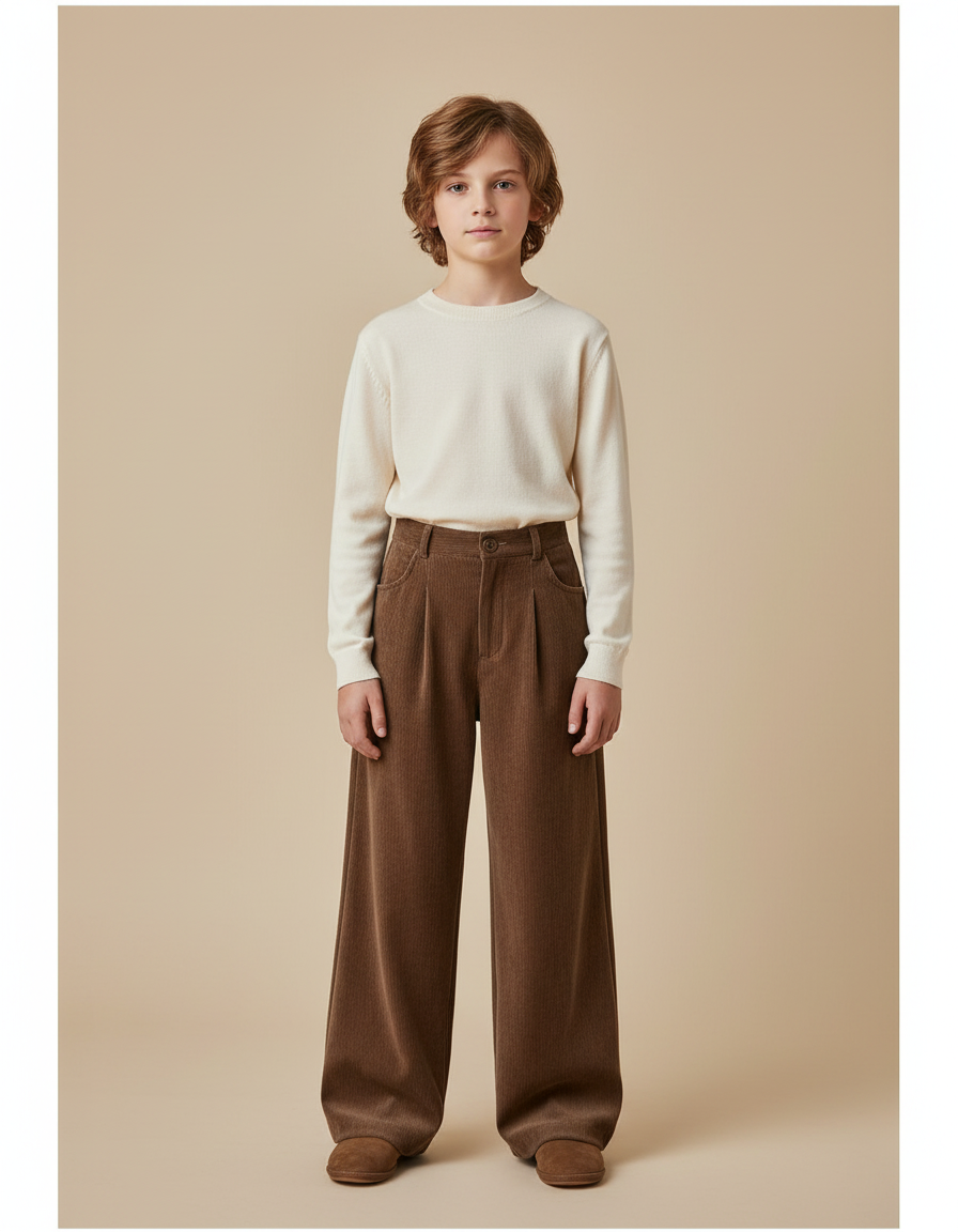 Pantalon Velours Marron Ample Côtelé Garçon Hiver - Cordé