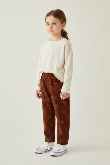 Pantalon Velours Marron Points Blancs Ample Enfant - Cordé