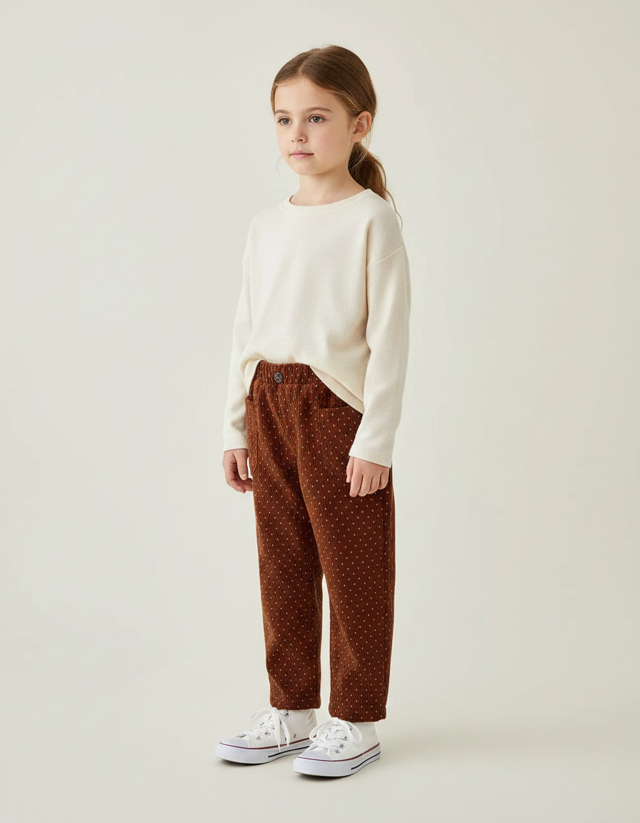 Pantalon Velours Marron Points Blancs Ample Enfant - Cordé