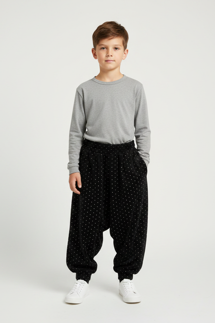 Pantalon Velours Noir Ample Points Blancs Garçon
