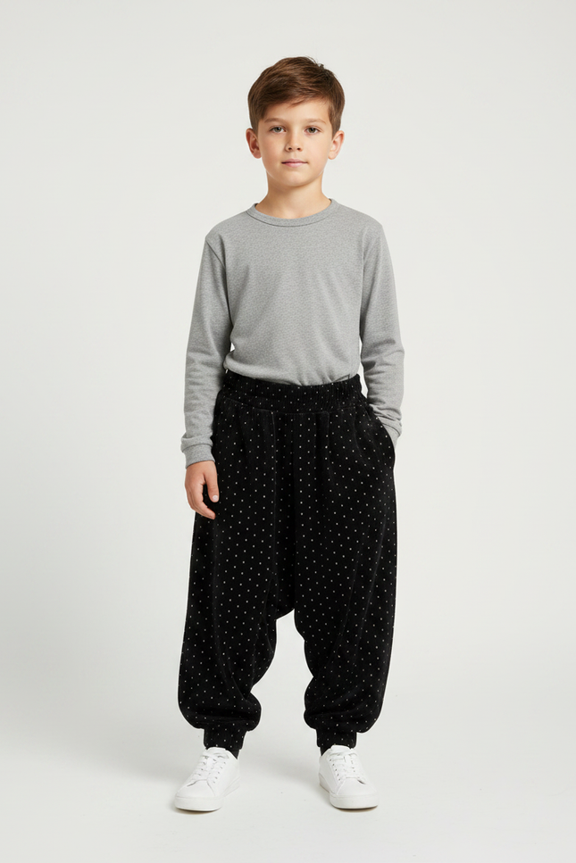 Pantalon Velours Noir Ample Points Blancs Garçon