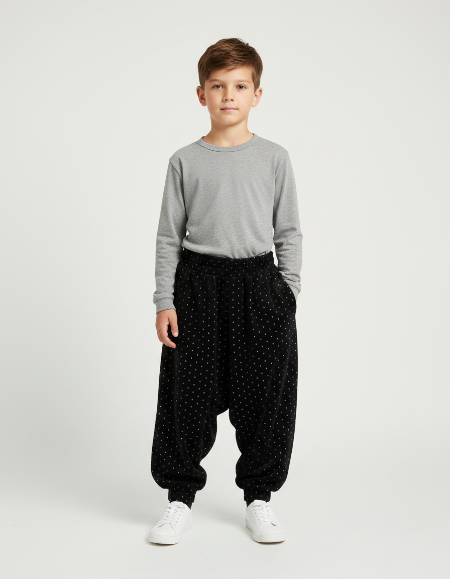 Pantalon Velours Noir Ample Points Blancs Garçon