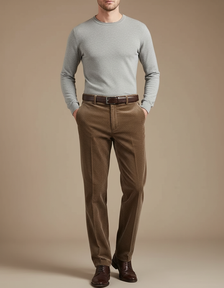 Pantalon Velours Côtelé Marron Droit Homme Élégant - Cordé