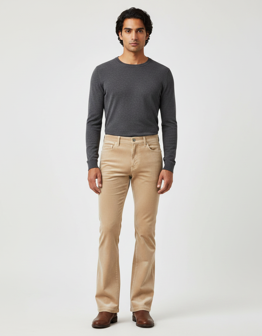 Pantalon Velours Beige Évasé Homme Confortable Classique - Cordé