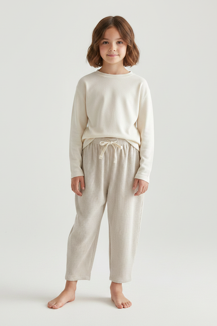 Pantalon Velours Côtelé Écru Ample Décontracté Enfant - Beige Cordé