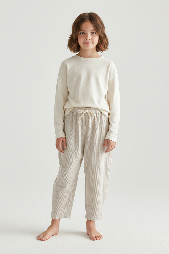 Pantalon Velours Côtelé Écru Ample Décontracté Enfant - Beige Cordé