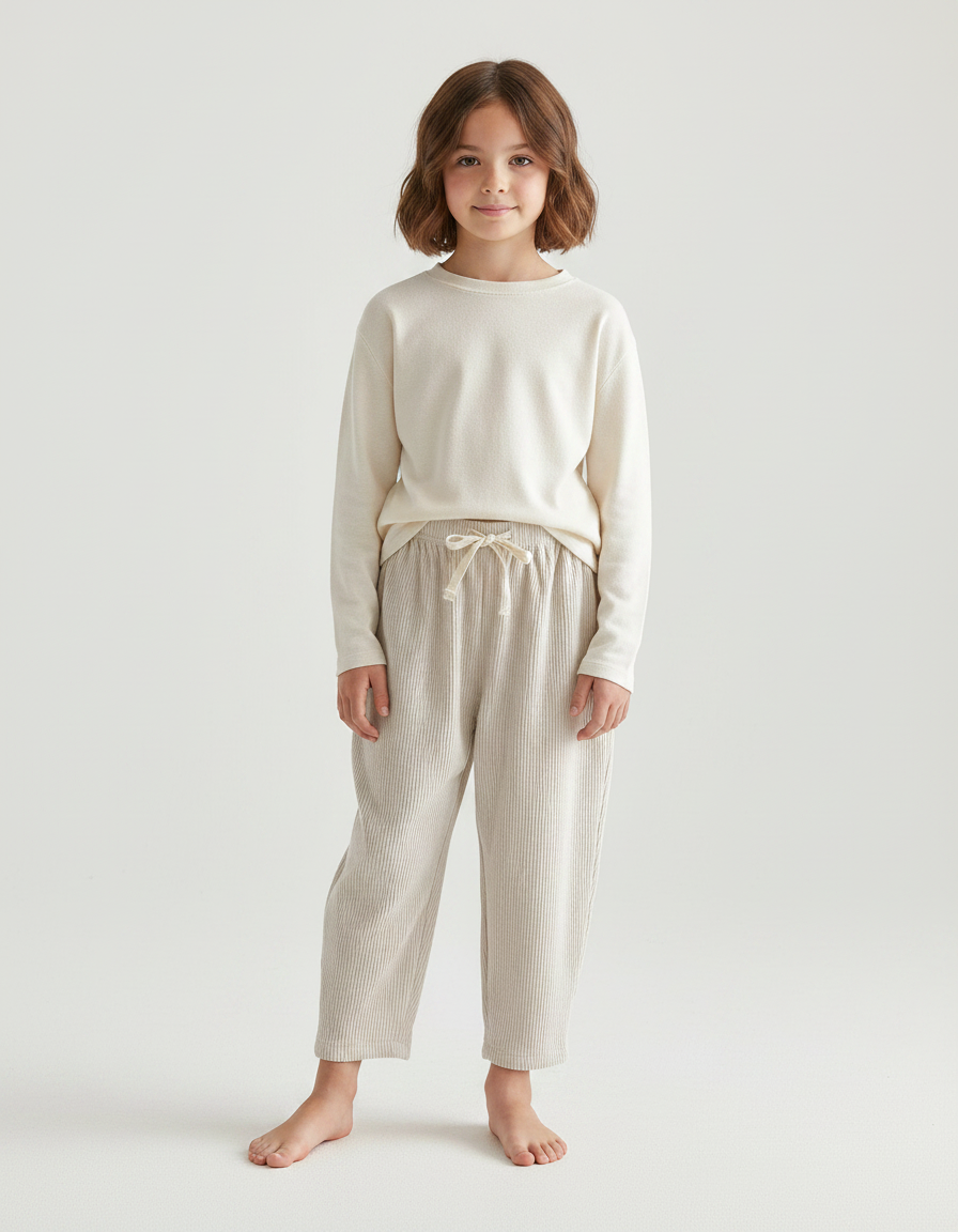 Pantalon Velours Côtelé Écru Ample Décontracté Enfant - Beige Cordé