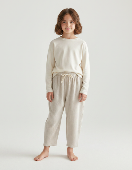 Pantalon Velours Côtelé Écru Ample Décontracté Enfant - Beige Cordé