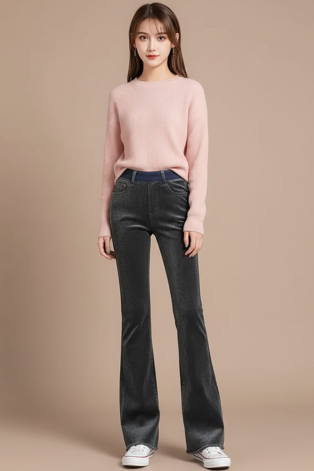 Pantalon Velours Évasé Gris Taille Haute Chaud