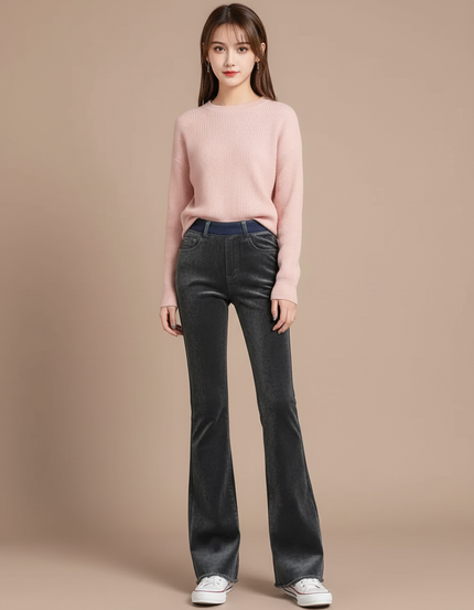 Pantalon Velours Évasé Gris Taille Haute Chaud