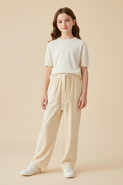 Pantalon Velours Crème Côtelé Ample Décontracté Cordon - Beige Cordé