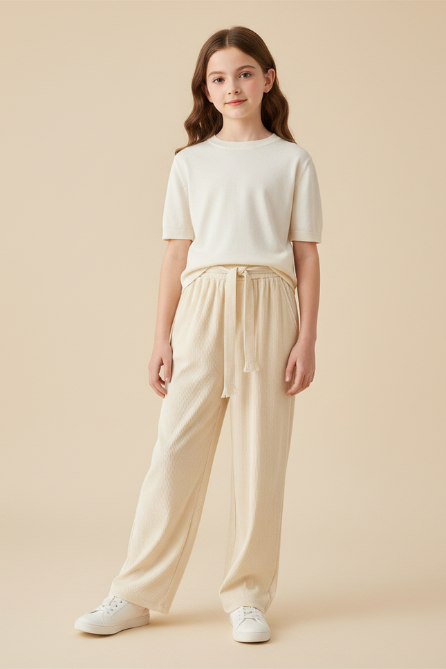 Pantalon Velours Crème Côtelé Ample Décontracté Cordon - Beige Cordé