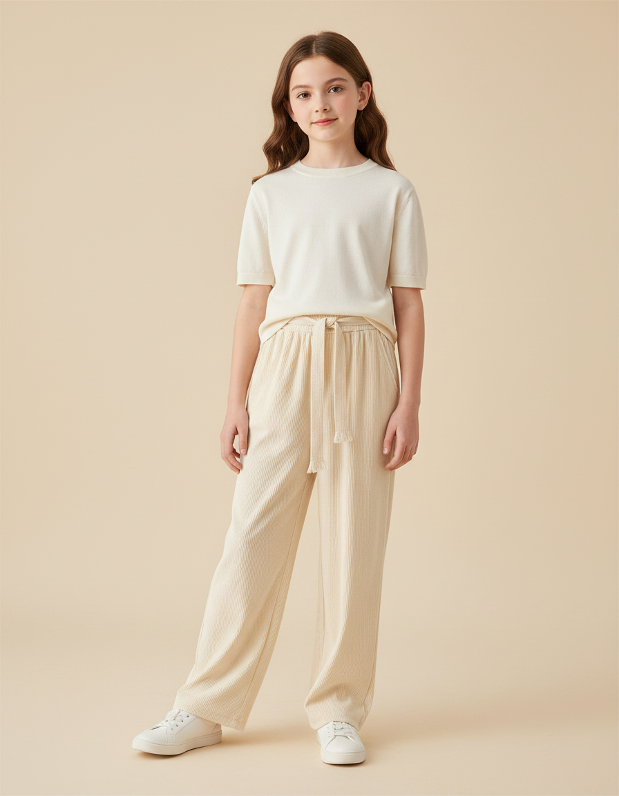 Pantalon Velours Crème Côtelé Ample Décontracté Cordon - Beige Cordé