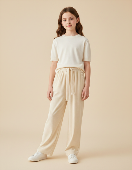 Pantalon Velours Crème Côtelé Ample Décontracté Cordon - Beige Cordé