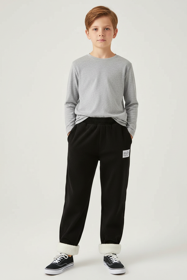 Pantalon Velours Noir Côtelé Doublé Chaud Enfant - Cordé