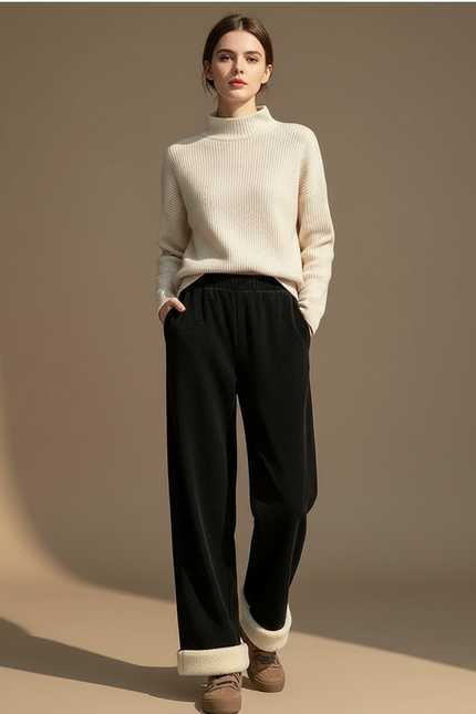 Pantalon Velours Noir Doublé Polaire Ample Hiver