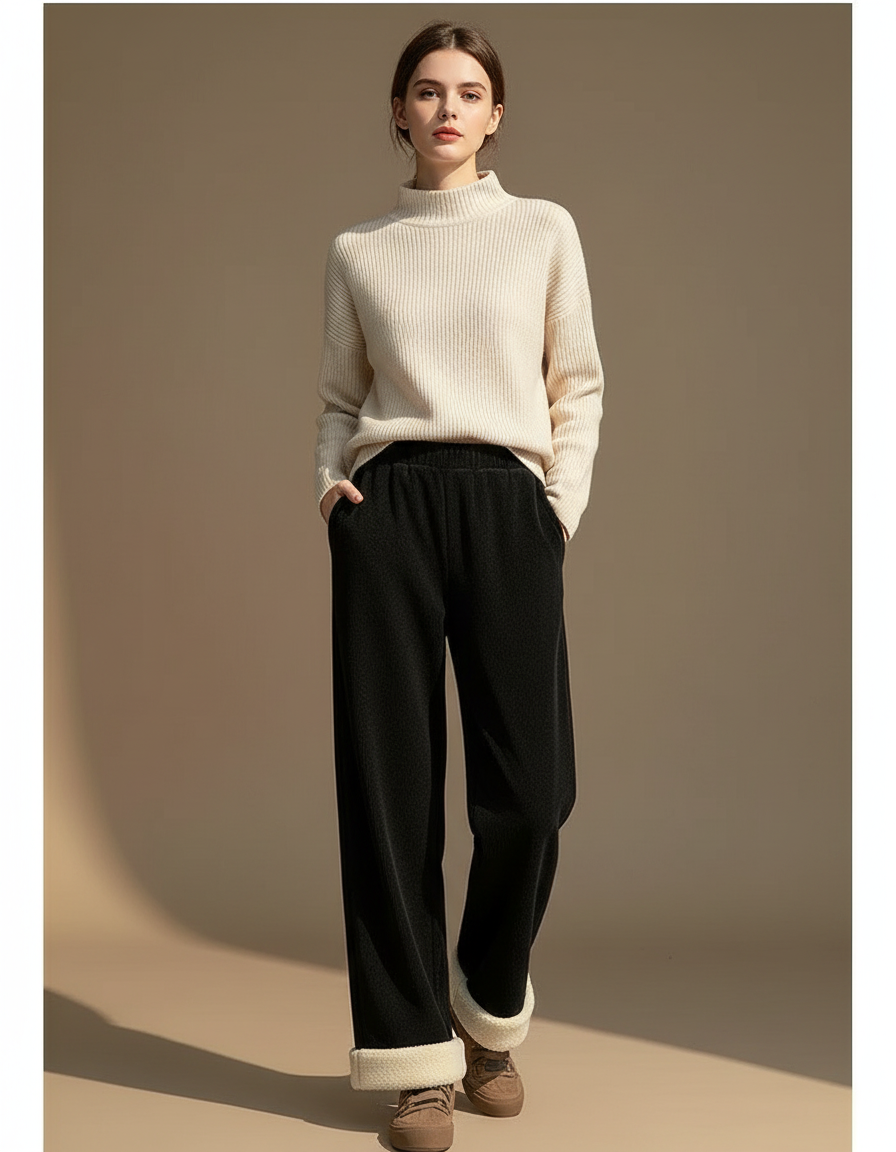Pantalon Velours Noir Doublé Polaire Ample Hiver