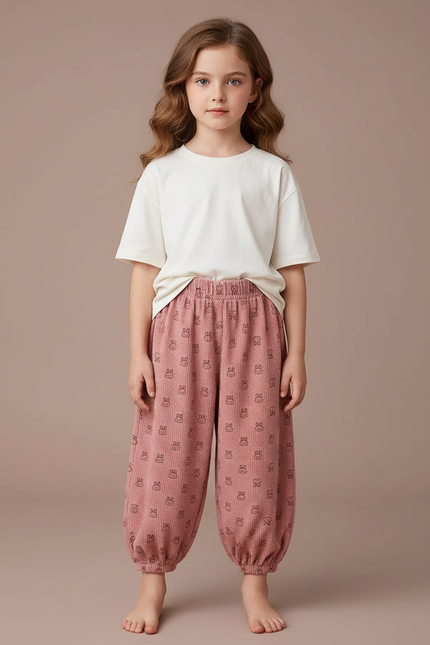 Pantalon Velours Rose Côtelé Ample Imprimé Lapin Fille