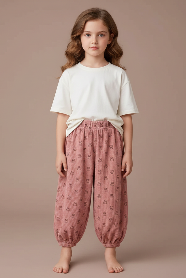 Pantalon Velours Rose Côtelé Ample Imprimé Lapin Fille