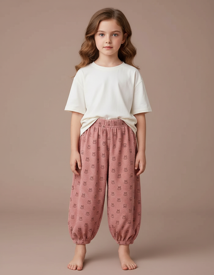 Pantalon Velours Rose Côtelé Ample Imprimé Lapin Fille