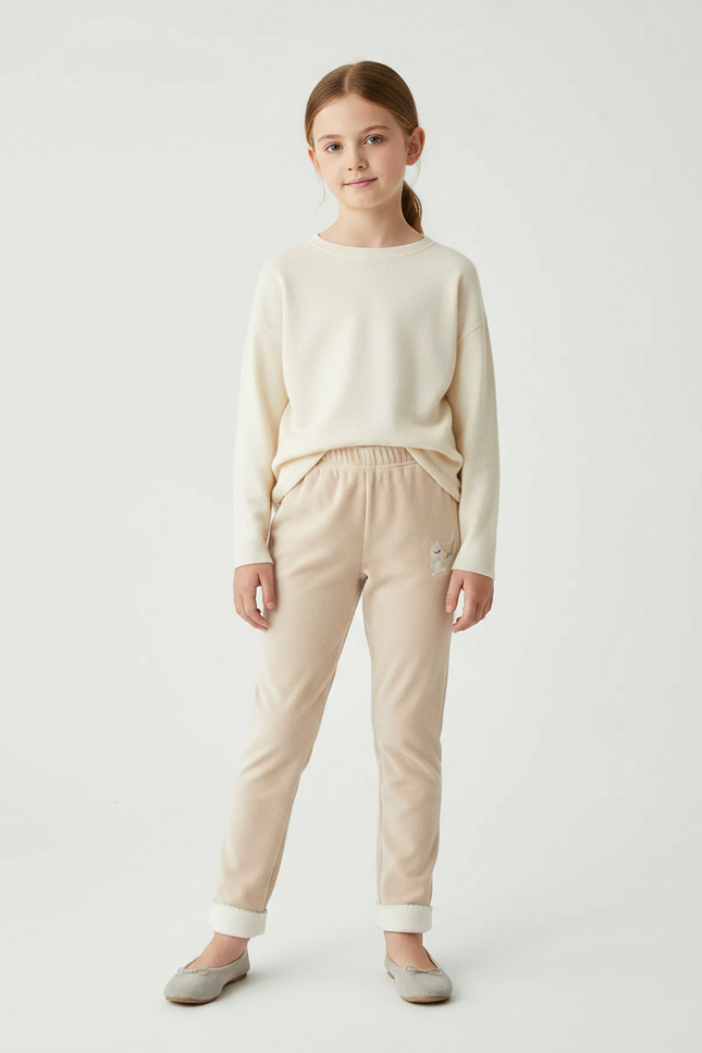 Pantalon Velours Beige Enfant Doux Brodé Confortable