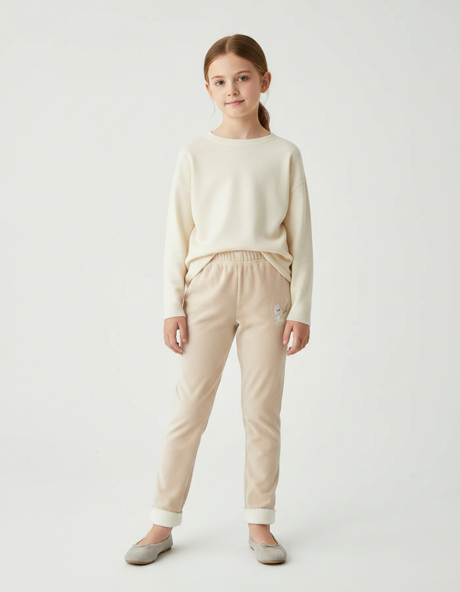 Pantalon Velours Beige Enfant Doux Brodé Confortable