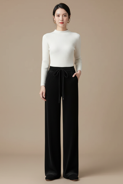 Pantalon Velours Noir Ample Côtelé Taille Haute Décontracté - Cordé