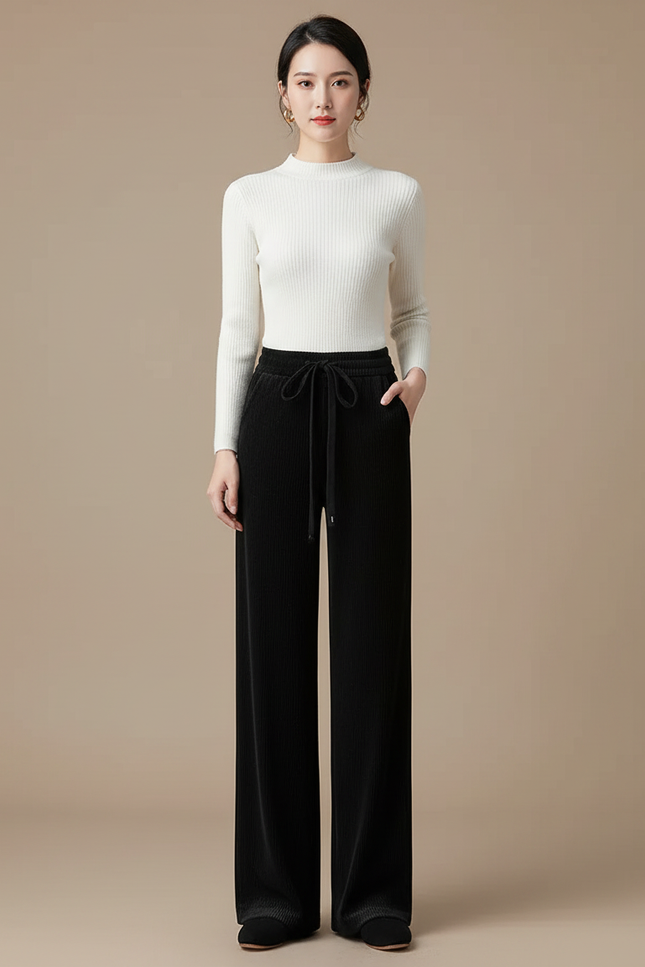 Pantalon Velours Noir Ample Côtelé Taille Haute Décontracté - Cordé