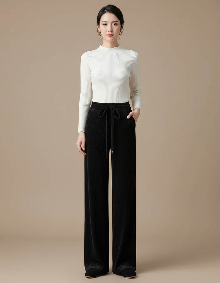 Pantalon Velours Noir Ample Côtelé Taille Haute Décontracté - Cordé