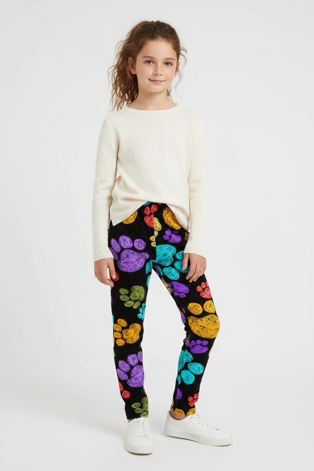 Pantalon Velours Noir Imprimé Pattes Colorées Fille