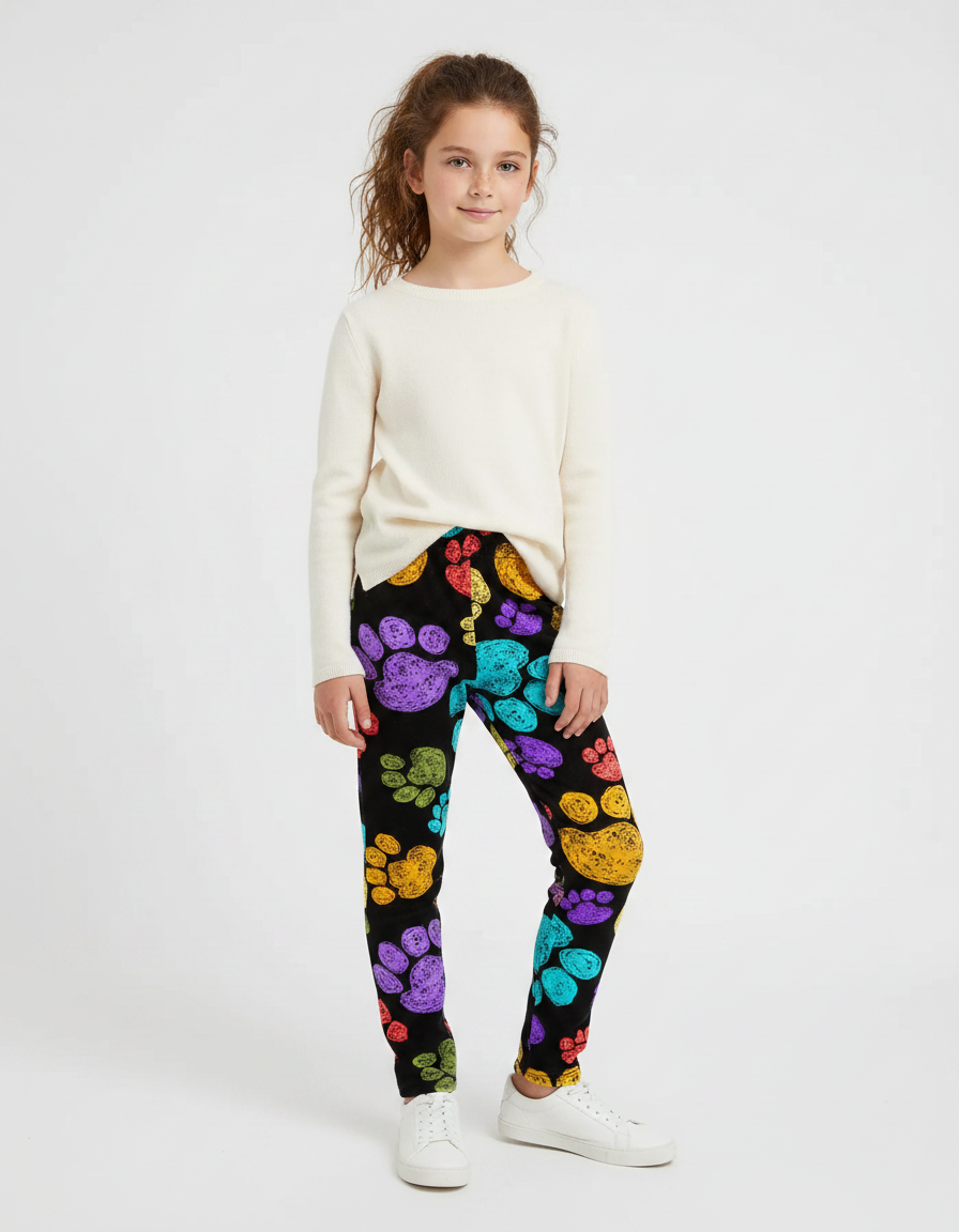 Pantalon Velours Noir Imprimé Pattes Colorées Fille