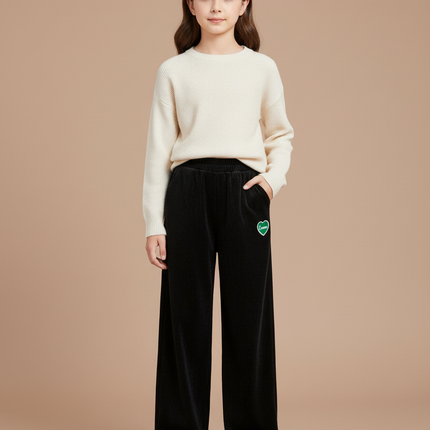 Pantalon Velours Noir Côtelé Ample Fille Hiver - Cordé