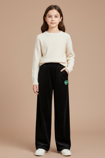 Pantalon Velours Noir Côtelé Ample Fille Hiver - Cordé