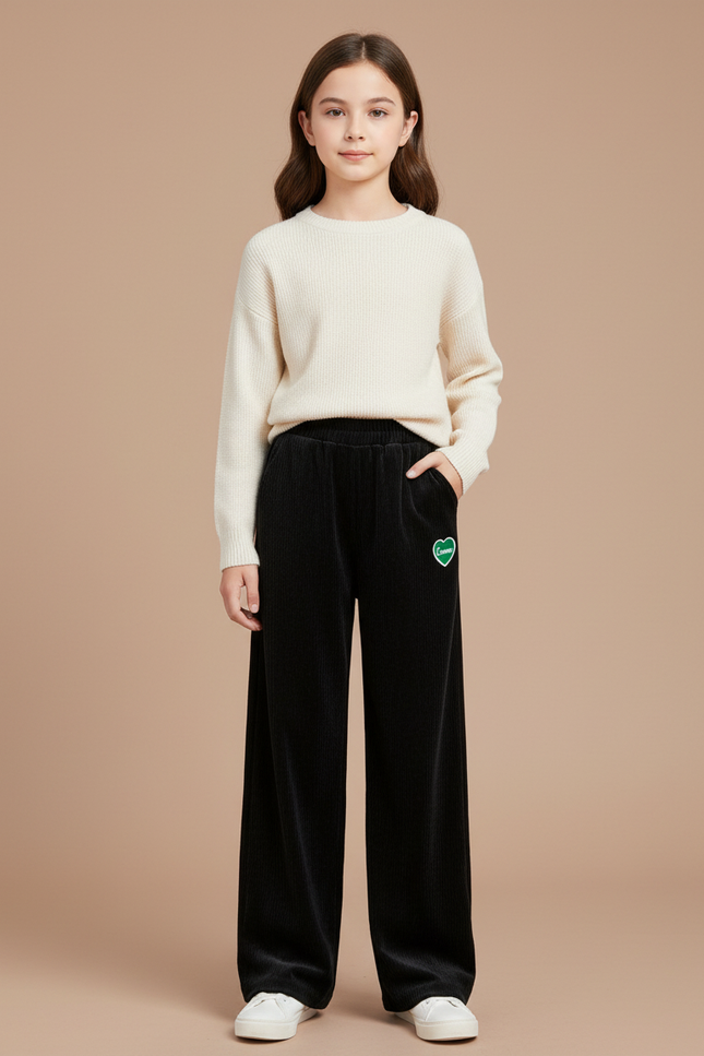 Pantalon Velours Noir Côtelé Ample Fille Hiver - Cordé