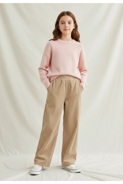 Pantalon Velours Côtelé Ample Décontracté Beige Enfant - Cordé