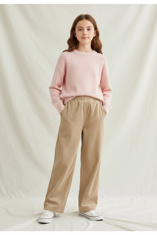 Pantalon Velours Côtelé Ample Décontracté Beige Enfant - Cordé