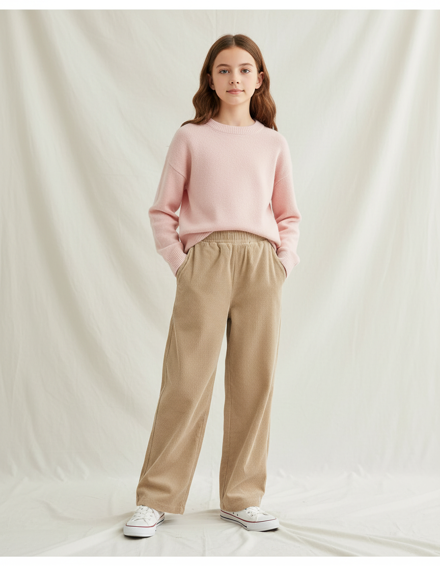 Pantalon Velours Côtelé Ample Décontracté Beige Enfant - Cordé