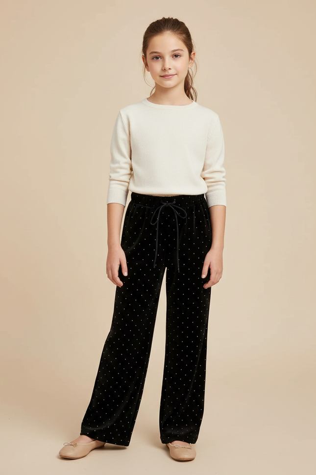 Pantalon Velours Noir Large À Pois Fille