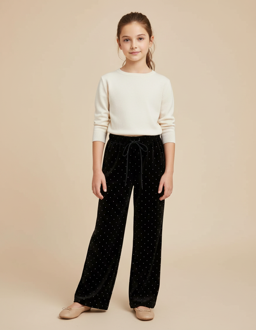 Pantalon Velours Noir Large À Pois Fille