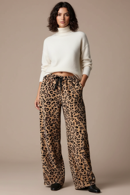 Pantalon Velours Léopard Ample Confortable Femme - Imprimé