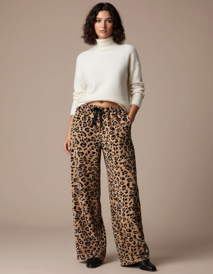 Pantalon Velours Léopard Ample Confortable Femme - Imprimé