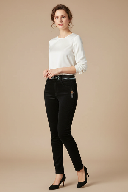 Pantalon Velours Noir Slim Brodé Élégant Femme - Cordé