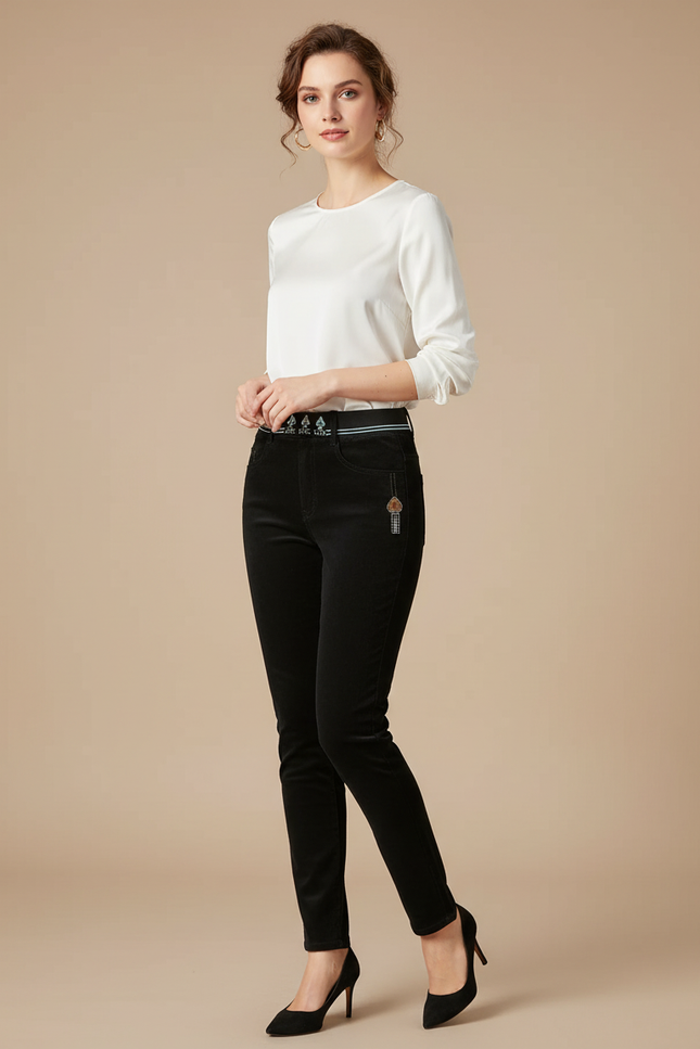 Pantalon Velours Noir Slim Brodé Élégant Femme - Cordé
