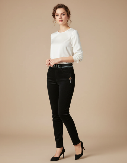 Pantalon Velours Noir Slim Brodé Élégant Femme - Cordé