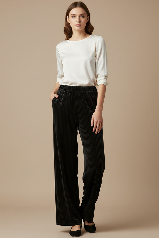 Pantalon Velours Noir Côtelé Ample Femme Élégant